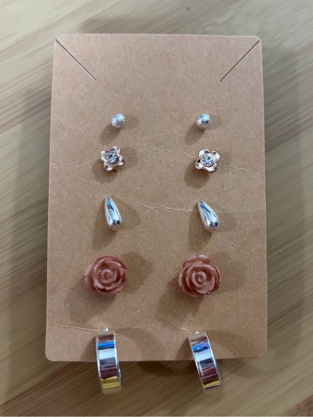 5-Pair Mixed Stud and Hoop Earring Set - Pink Rose & Silver